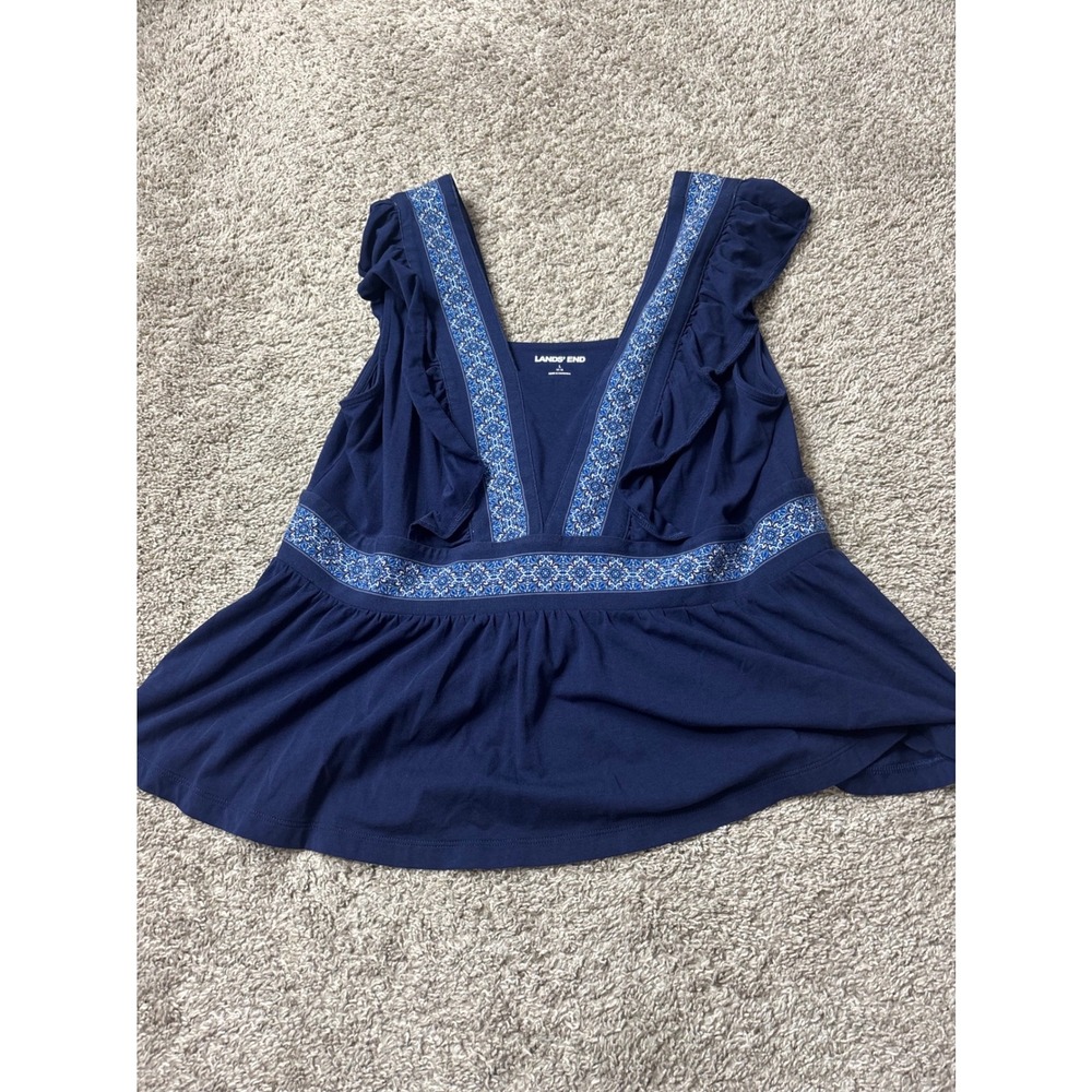Lands End Navy Blue Ruffle V-Neck Embroidered Peplum Top Large L 14-16